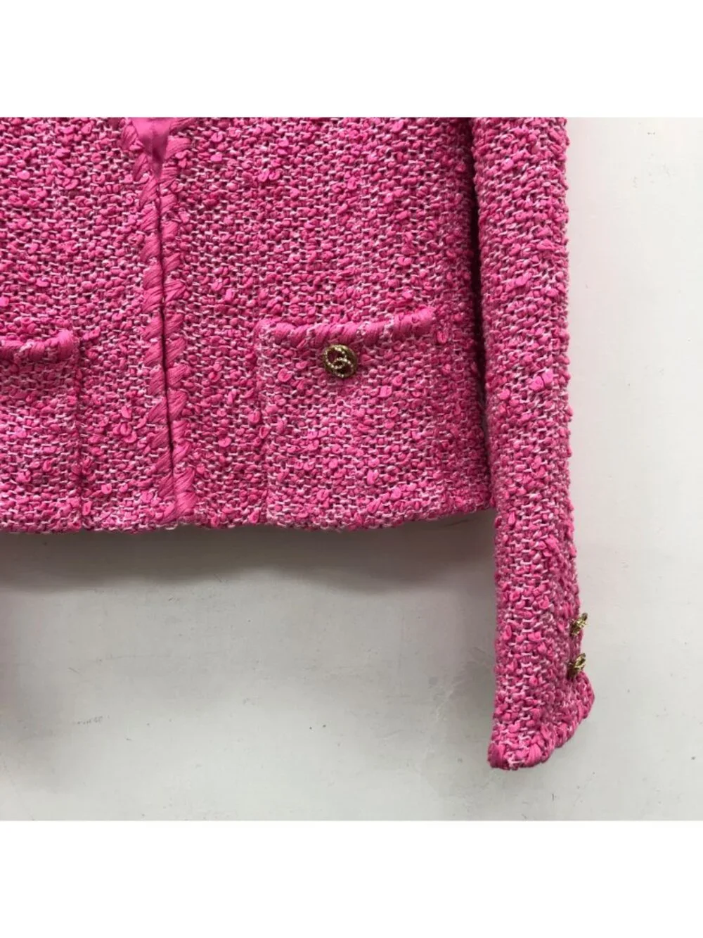 Chanel Rose Pink Cotton Tweed V-Neck Jacket